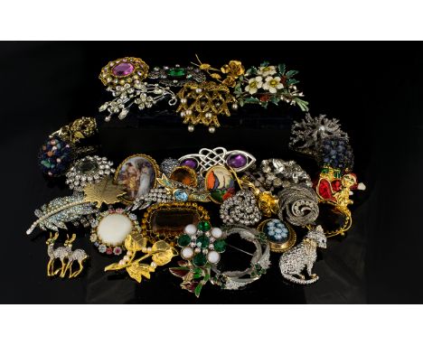 A Large Quantity Of Vintage Costume Jewellery Brooches Varying designs to include several 1950's and 60's paste set statement