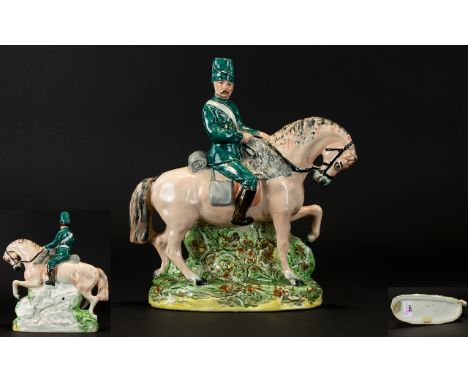Rare - 19th Century Pearl-ware Staffordshire Flat Back Figure - Depicting a Royal Hussar Cavalry Officer, Proudly Seated on h