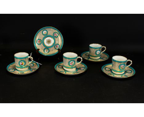 Sevres ( In the Manner of ) - Superb Set of 4 Hand Painted Soft Paste Porcelain Coffee Cups and Saucers, From The Mid 19th Ce