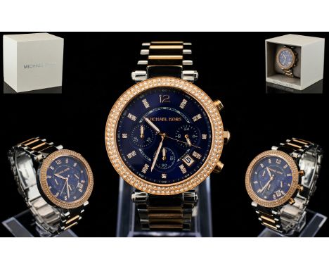 Michael Kors MK 6141 - Ladies S/S Two Tone Blue Dial Chronograph Wrist Watch. Features Dark Blue Dial, Rose Gold Finish, Push