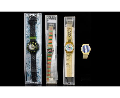 Collection Of Swatch Wrist Watches. Four In Total. (1) Shamu Scuba Watch (2) Swatch Watch With The Antibes Original Blue Dial
