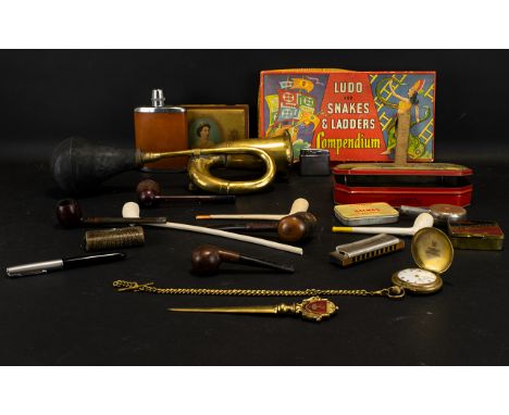 Mixed Lot Of Collectables To Include A Ludo Snakes And Ladders Board Game, Clown Horn, A Liga Superior Timekeeper Pocket Watc