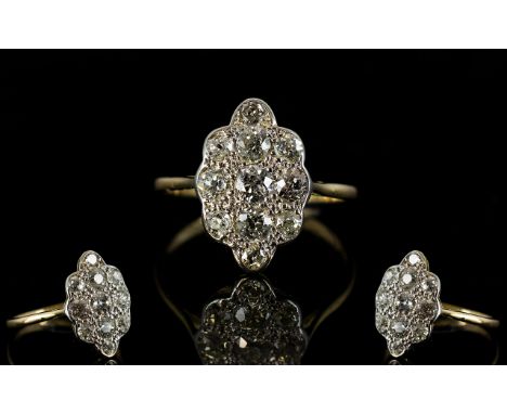 18ct Gold and Platinum Diamond Set Dress Ring, From the 1920's / 1930's Period - Excellent Design and Marked 18ct &amp; Plati