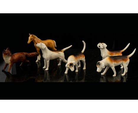 Beswick Animal Figurines ( 6 ) Six Figures - Fox hounds ( 4 ) Figures. Model Nos 941 - 942 - 943 - 944 + Fox Figure, Model No