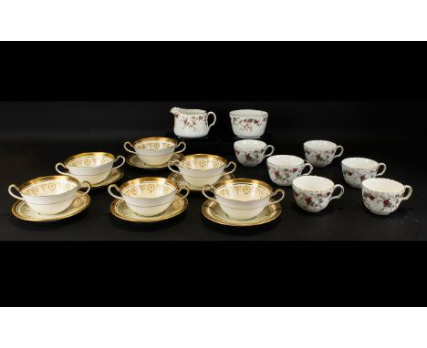 Aynsley Bone China Set Of Six Soup Bowls In Gold Dowry Pattern. Twin handle soup bowls with gilt trim and matching saucers  T