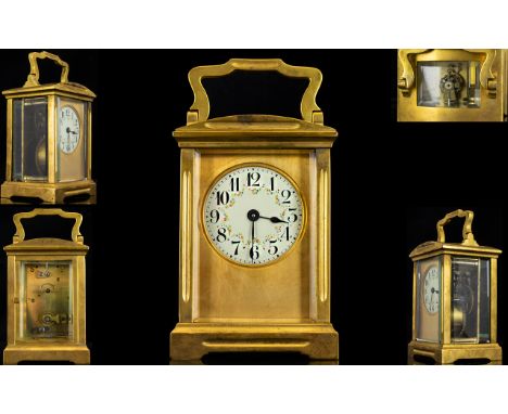 English - Excellent Quality Heavy Gilt Metal Carriage Clock From The Late 19th Century. Features a Painted Dial with Floral D