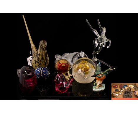 Collection of Glass comprising Wedgwood wren figure in striated confetti glass, along with enamel and crystal set trinket box