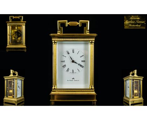 20thC Lacquered Brass Carriage Clock, White Enamelled Dial With Roman Numerals, Marked Matthew Norman, The Backplate Marked 1