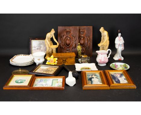 A Small Mixed Lot Of Collectibles To include various resin figures, lustreware Geisha figure, moulded wood panels, vintage mo