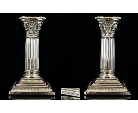 Walker and Hall Nice Quality Pair of Silver Plated - Corinthian Column Candlesticks with Stepped Square Bases From the Late 1