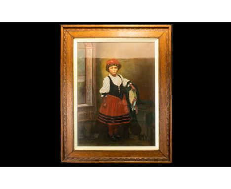 A Late 19th/ Early 20th Century Oil On Canvas Depicting a portrait of young girl with beribboned tambourine, unsigned, framed