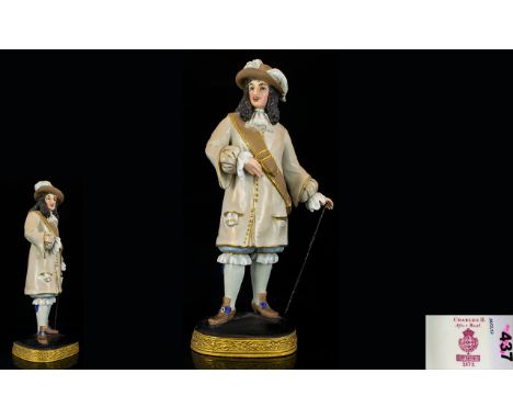 Royal Worcester Fine Quality Hand Painted Early Porcelain Figure of ' King Charles II ' After Beal. Date 1916 - Puce Stamp to