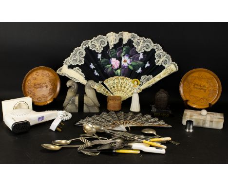A Mixed Collection Of Vintage Items And Collectibles To include carved stone bird form bookends, vintage Morphy Richards hair