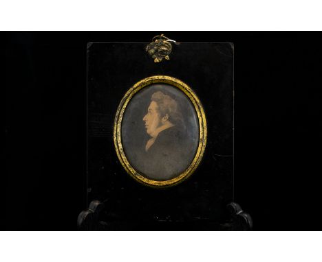 19th Century Framed Portrait ( Oil Painting ) Housed in ebonised Georgian frame, depicting Georgian gentleman in profile. 2.5