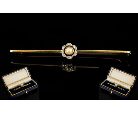 Edwardian Period 15ct Pearl / Diamond / Enamel Set Brooch, Not Marked but Tests Gold. Attractive Little Antique Period Brooch
