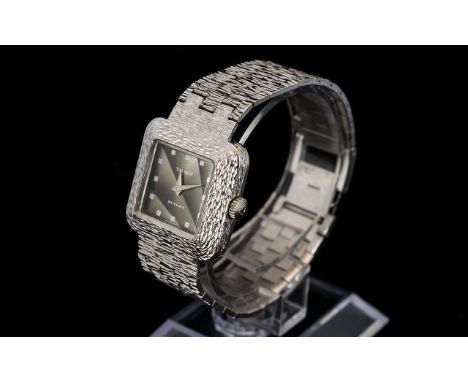 Tissot - Stylish Mechanical Wind Stainless Steel Bark Finish Square Faced Black Dial Ladies Wrist Watch of Excellent Shape. c