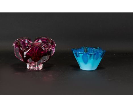 Bohemia Glass Fluted Dish Petal form footed dish in clear and cerise glass, good condition, complete with original foil stick