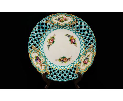 A 19th Century Minton Cabinet Plate With Reticulated Border Antique plate with cobalt blue lattice border, interspersed with 