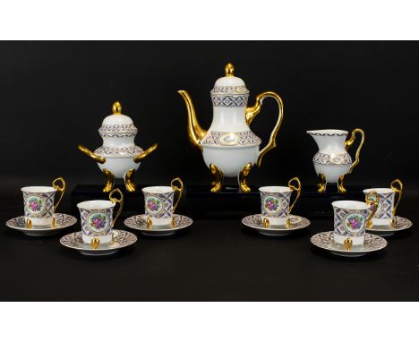 Fine Porcelain Coffee Service comprising coffee pot, sugar bowl, milk jug and 6 cups and saucers. Each in French style with w