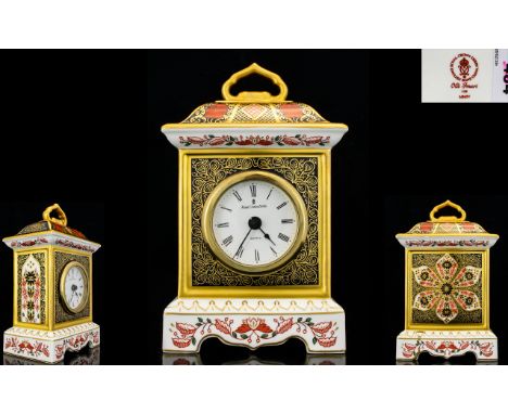 Royal Crown Derby Old Imari Pattern 22ct Solid Gold Band Mantel Clock, In The Form of a Large Bracket Clock. Pattern No 1128 