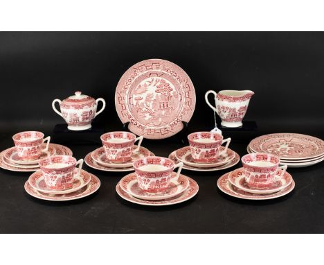 Willow Pattern Pink Tea Set to include 6 cups, 6 saucers, 6 side plates, 6 sandwich plates, milk jug and twin-handled lidded 