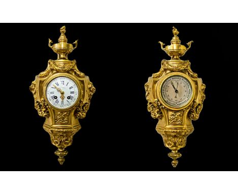 Japy Freres Louis XVI Style - Fine Quality and Stunning Gilt Bronze Cartel Wall Clock and Companion Barometer. c.1890. The Wa