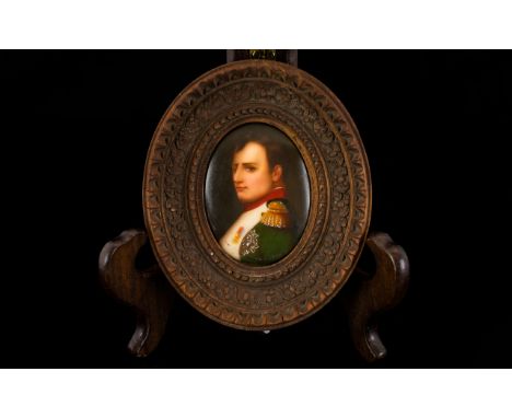 Antique Portrait Miniature On Porcelain Depicting a Napoleonic Gentleman in full uniform. Approx 2.5 inches x 2 inches, carve