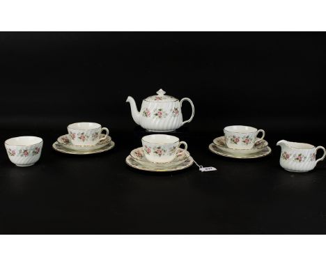 Minton 'Spring Bouquet' Part Tea Service - Fine Bone China Comprising Four Cups, Three Saucers, Three Plates, Tea Pot, and a 