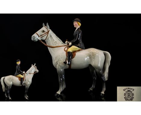 Beswick Seated Rider and Horse Figure ' Hunts Woman ' Dapple Grey Colour way. Model 1730. Designer A. Gredington. Issued 1960