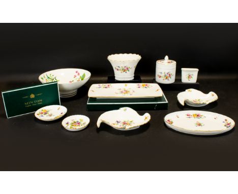 Collection of Minton Marlow English Bone China includes boxed tray 11" in length; boxed set of two small circular trinket pla