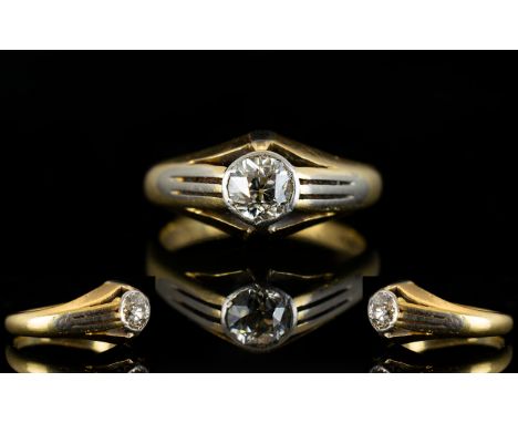 Gents - 18ct Gold and Platinum Single Stone Diamond Gypsy Set Dress Ring. The Cushion Cut Diamond of Excellent Colour / Clari