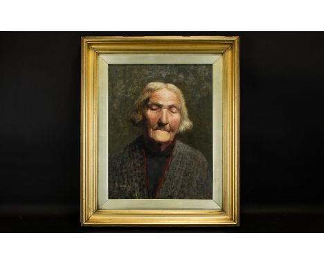 Walter Emsley. (1860-1938) Original Oil On Canvas Naturalistic portrait in oils depicting an aged female figure in directiona