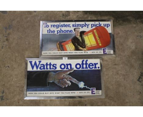 A PAIR OF METAL FRAMED AND GLAZED ADVERTISING PRINTS FOR THE REGIONAL ELECTRICITY COMPANIES SHARE OFFERS 