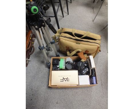 A NIKON F90X CAMERA AND ACCESSORIES TO INCLUDE LENSES, TRIPOD AND BILLINGHAM CARRY BAG ETC 