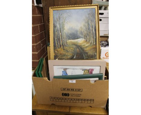 A TRAY OF ASSORTED WATERCOLOURS, OIL PAINTINGS ETC TOGETHER WITH A MONET PRINT AND A GILT FRAMED RECTANGULAR WALL MIRROR