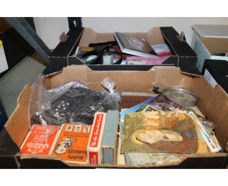 A COLLECTION OF ASSORTED HOUSEHOLD SUNDRIES TO INCLUDE VINTAGE PLAYING CARDS, STATIONARY ETC. 