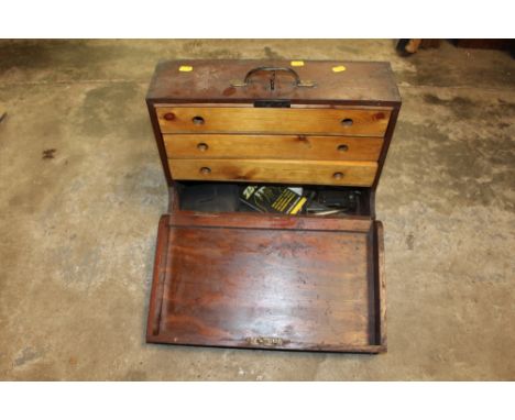A WOODEN THREE DRAWER ENGINEERS TOOLBOX &amp; CONTENTS TO INCLUDE A SELECTION OF FILES ETC
