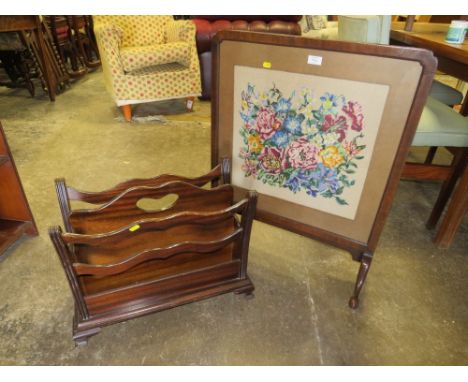 A GLAZED MAHOGANY FIRE SCREEN AND REPRODUCTION MAGAZINE RACK (2)