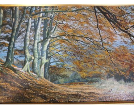A GILT FRAMED OIL ON CANVAS ENTITLED RIDGEWAY AUTUMN BY H. SQUIRES 50CM X 75CM, TOGETHER WITH A GILT FRAMED PRINT (2) 