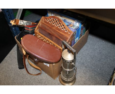 A TRAY OF COLLECTABLES TO INCLUDE A MINERS STYLE LAMP, BINOCULARS, SUPER CHROMONICA HARMONICA ETC. 