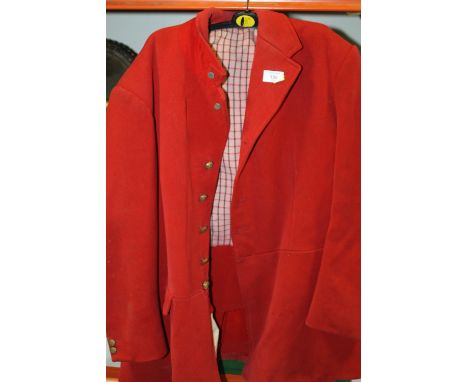 A VINTAGE RED HUNTING COAT WITH STAFFORDSHIRE KNOT BRASS BUTTONS 