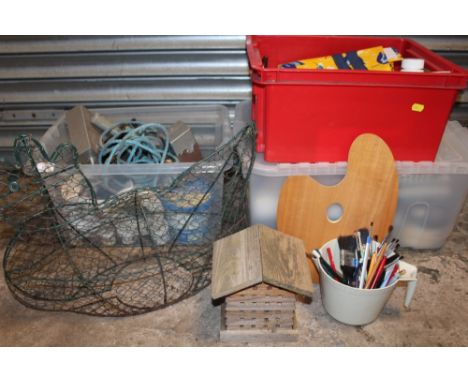 A QUANTITY OF ART RELATED MATERIALS, FRAMING EQUIPMENT, MOUNT CUTTER ETC TOGETHER WITH A SELECTION OF GARDEN ITEMS, UVA LAMP,