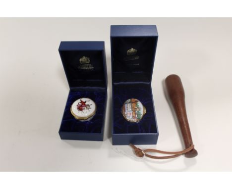 TWO HALCYON DAYS ENAMEL PILL BOXES, TOGETHER WITH A MINIATURE WOODEN TRUNCHEON (3) 