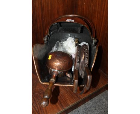 A VINTAGE COPPER COAL SCUTTLE WITH SHOVEL, TOGETHER WITH A SET OF OAK BELLOWS