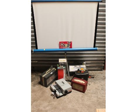 QUANTITY OF PROJECTION EQUIPMENT 8MM SPLICER ROBERTS RADIO AND PROJECTOR SCREEN PLUS A SELECTION OF CAMERA EQUIPMENT