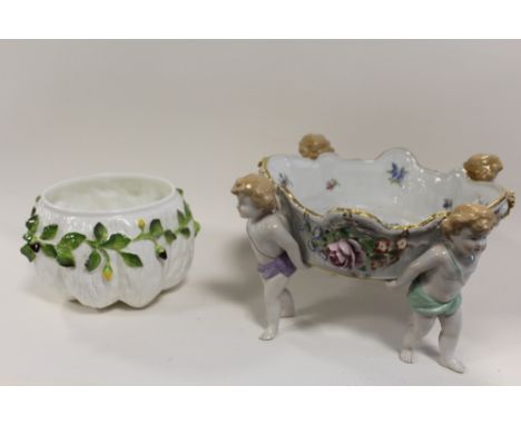 A CHERUBIC CERAMIC PLANTER, TOGETHER WITH A FLORAL COALPORT VASE (2) 