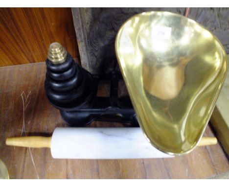 A VINTAGE SET OF SALTER SCALES AND WEIGHTS TOGETHER WITH A STONE ROLLING PIN