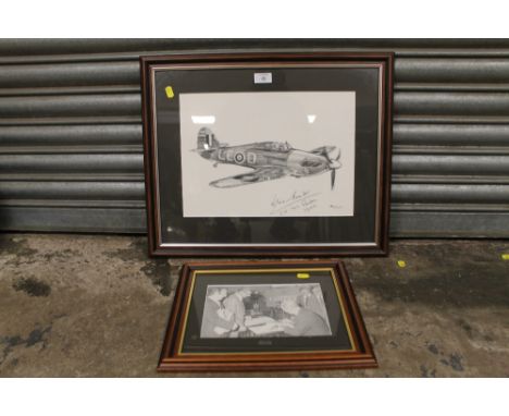 A FRAMED AND GLAZED RAF INTEREST WWII PRINT OF A SPITFIRE TOGETHER WITH AN ASSOCIATED FRAME AND GLAZED BLACK AND WHITE PHOTOG