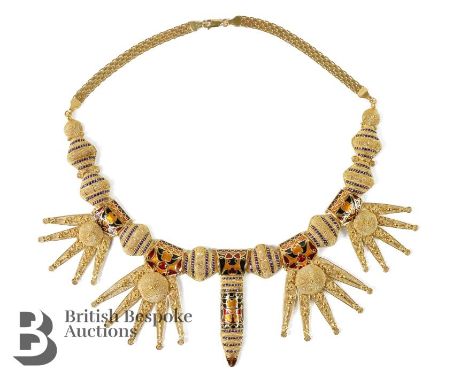 Stunning 22ct gold Indian necklace. The half-collar necklace of intricate design, beehive and figural wire-work heightened wi