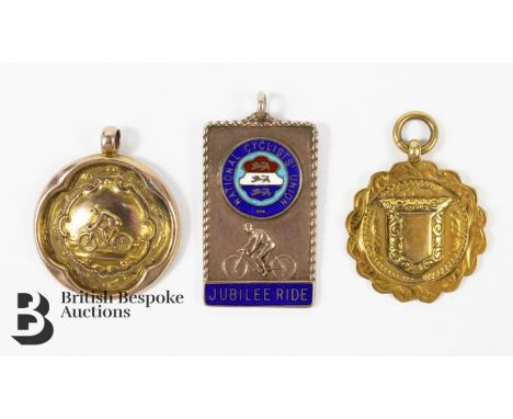 Boness CC First Fastest 10 miles 9 ct gold cycling shield medallion, 9.2 gms and a silver and enamel 1930's National Cyclist 